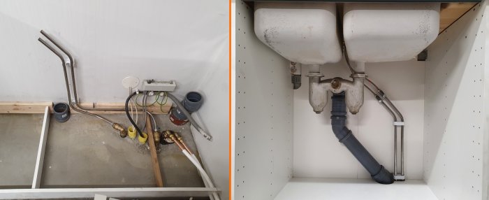 Installation av kromat vattenrör under diskho, exakt mätning och bockning visar passande rörkonstruktion.