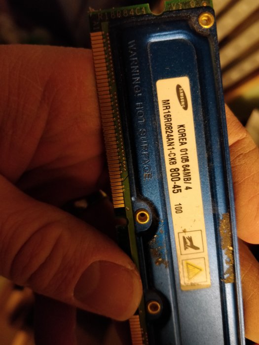 Hand håller en blå RAM-minnesmodul märkt "KOREA 16MB/8 M16B 464" med synliga kontaktstift.