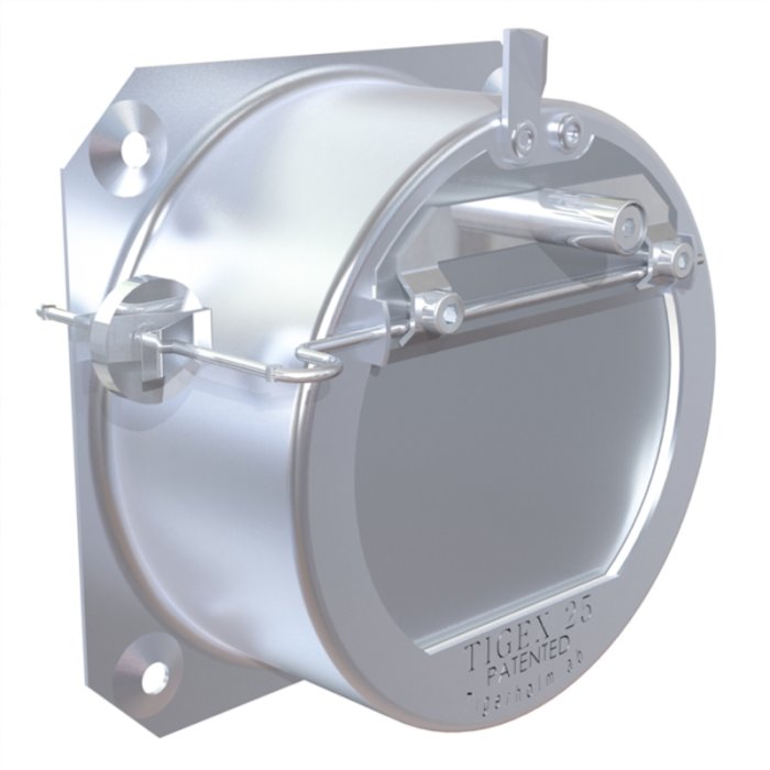 Rökrörklämma monterad på en skorsten för att reglera draget i en braskamin.