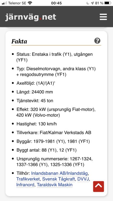 Skärmbild av en järnvägsentusiasts webbplats med fakta om en specifik dieselmotorvagn och dess tekniska specifikationer.