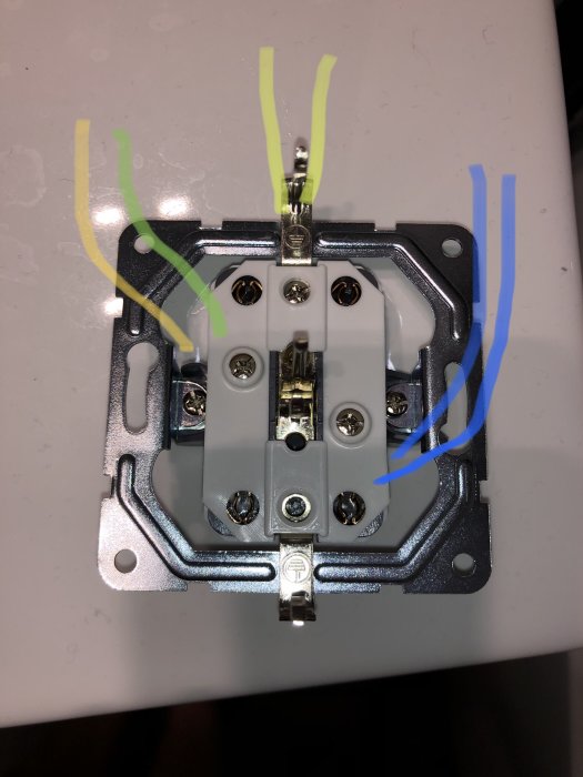 Elektriskt uttag med två gul/gröna, en grön, en gul, två blå och en brun sladd framdragna.