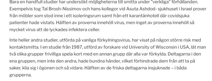 En skärmdump av en textartikel som diskuterar studier om smittspridning under olika förhållanden med fokus på virus.