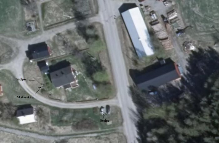 Luftbild av byggnader med mätarskåp markerat, skuggor av stolpar och noterad väg mellan villafastigheten och jordbruket.