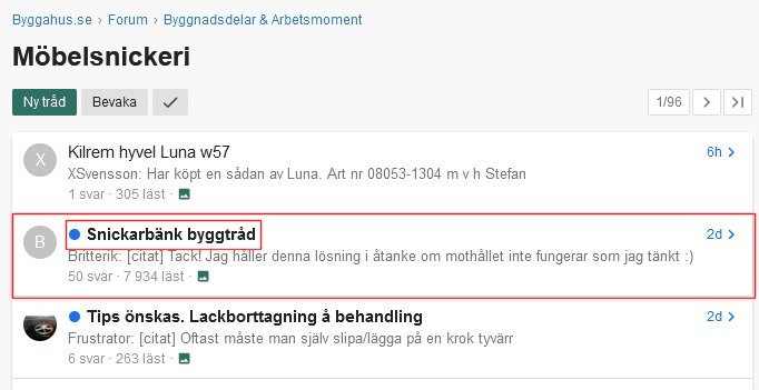 Skärmdump av diskussionsforum med markerad tråd "Snickarbänk byggtråd" som har svar och visningar.