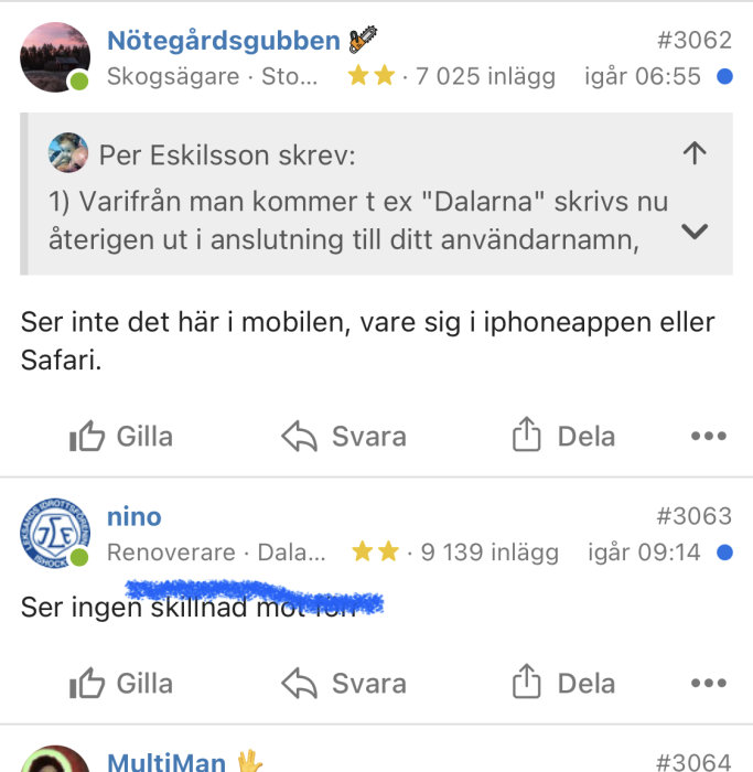 Skärmdump från diskussionsforum där användare diskuterar synlighet i mobilapp och Safari.