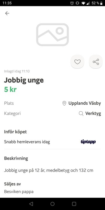 Skärmbild av en annons på en köp-och-sälj webbplats med titeln "Jobbig unge" listad i kategorin verktyg.