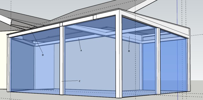 3D-skiss av ett planerat glashus med markerade balkar A och D samt pelare C.