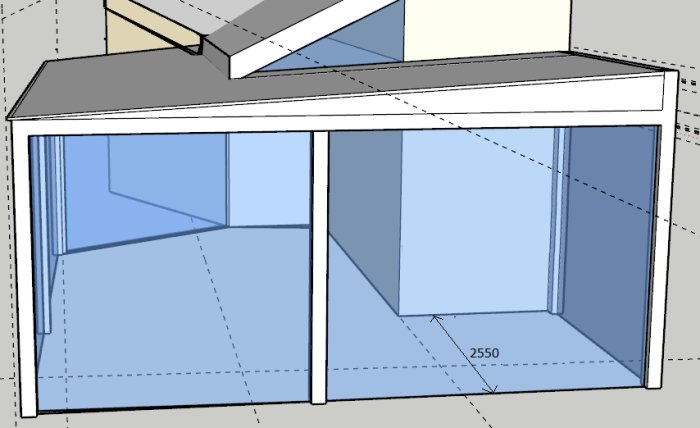 Skiss av glashus med dimensioner, existerande takutsprång och planerade balkar.