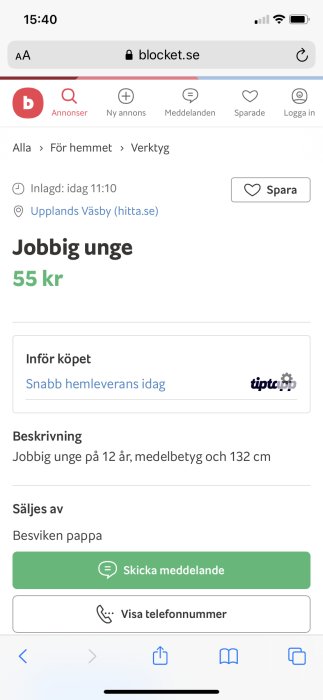 Skärmavbild av en annons för en "jobbig unge" till ett ironiskt lågt pris på ett online-annonseringsforum.