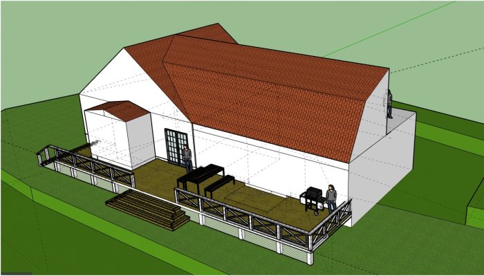 3D-skiss av hus med utbyggnad till höger med brutet tak, jämfört med originalhusets traditionella tak.