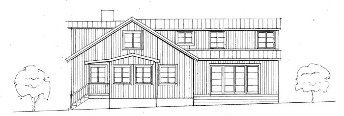 Arkitektritning av ett tvåvåningshus med symmetrisk takkonstruktion och träd på sidorna.