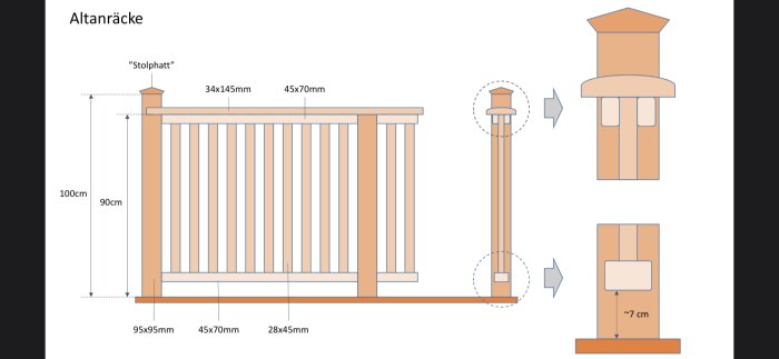 Ritning av altanräcke med måttangivelser och detaljerade delar som illustrerar montering och komponentstorlekar, 28x45 reglar istället för 45x70.