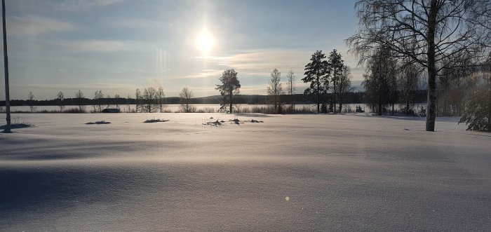 Snötäckt landskap med solnedgång, träd och en frusen sjö i bakgrunden.