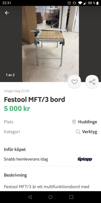 Festool MFT/3 multifunktionsbord i ett verkstadsutrymme med mätmarkeringar och hållare.