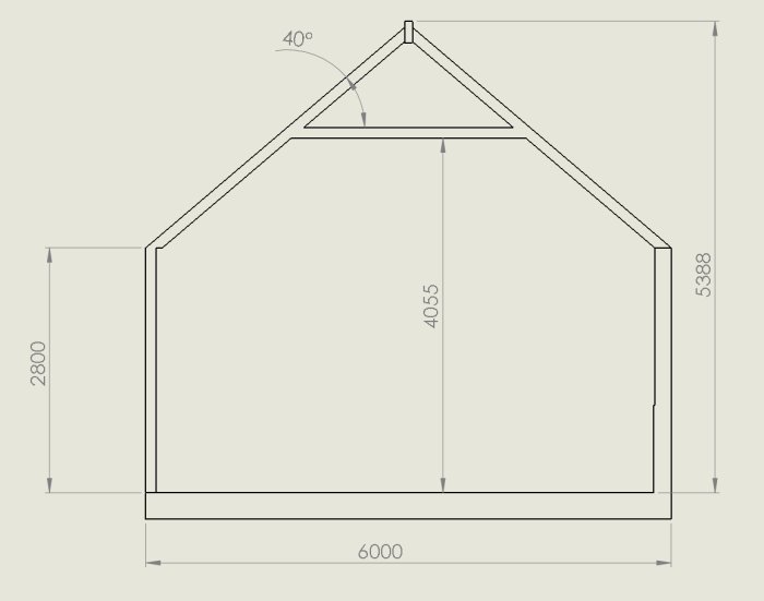 Ritning av en takstruktion för ett växthus med mått och en takvinkel på 40 grader markerad.