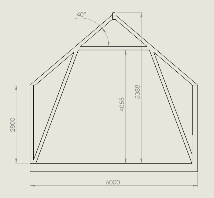Skiss av en takkonstruktion till ett växthus med måttangivelser och en 40-gradig takvinkel.