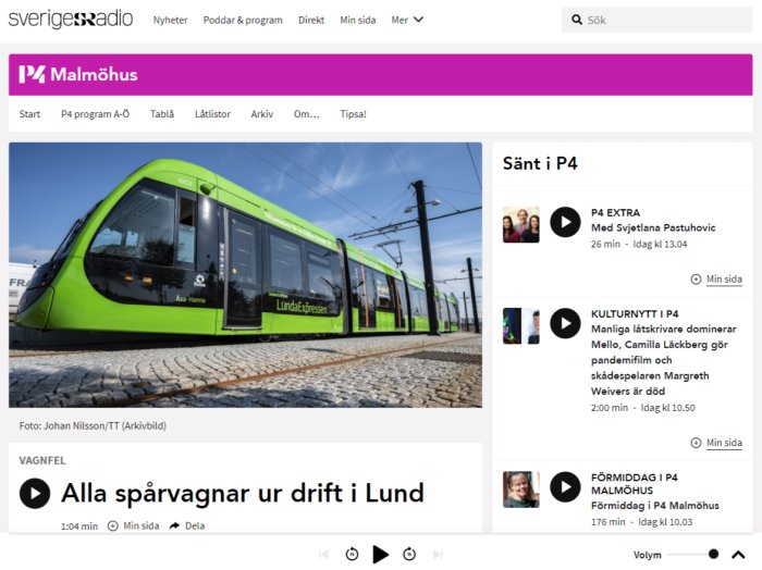 Grön och vit spårvagn märkt med "LundExpressen" mot klarblå himmel, kopplat till artikel om driftstopp.