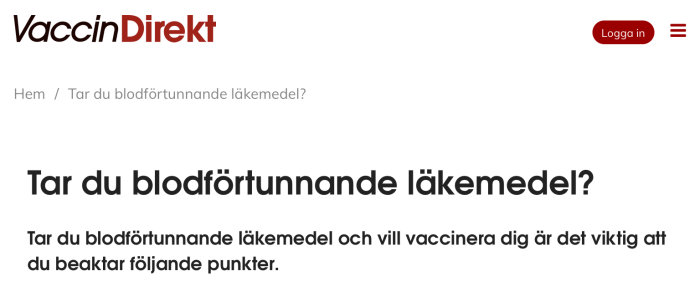 Webbsida med texten "Tar du blodförtunnande läkemedel?" från VaccinDirekt.