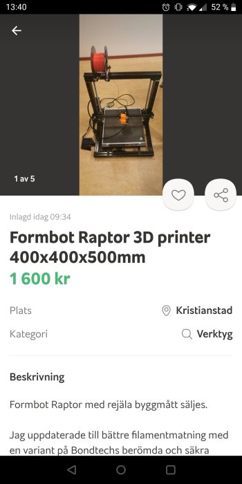 Formbot Raptor 3D-skrivare med stor byggyta och spole röd filament, uppgraderad filamentmatning.