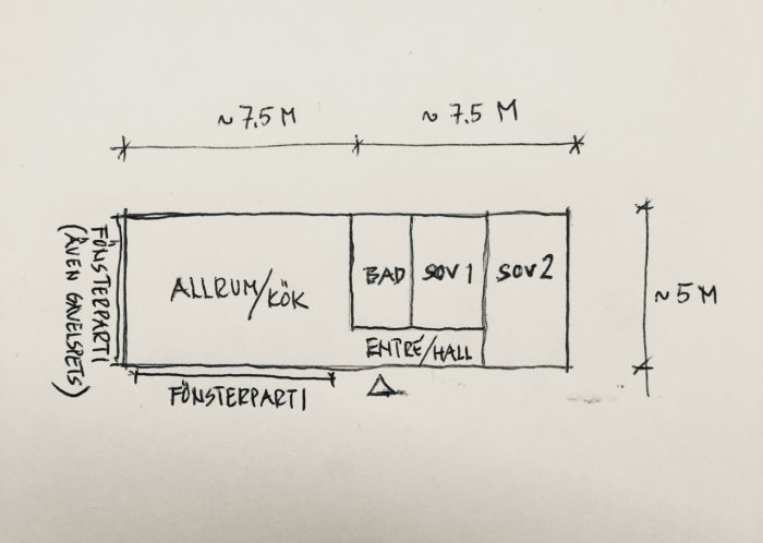 Handritad skiss av en sommarstuga med allrum/kök, bad, två sovrum och entré/hall markerade.