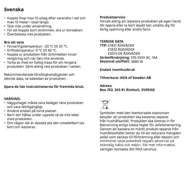 Instruktionsblad för IKEA-produkt med säkerhetsanvisningar, tekniska data och återvinningsinformation.