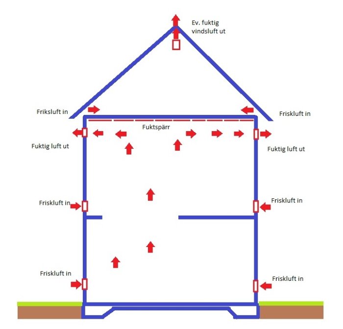 Schematisk illustration av husventilation med pilar för friskluftsintag och fuktig luftutsläpp samt fuktspärr.