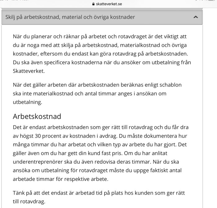 Skärmklipp från Skatteverkets hemsida med information om ROT-avdrag och uppdelning av arbetskostnad.