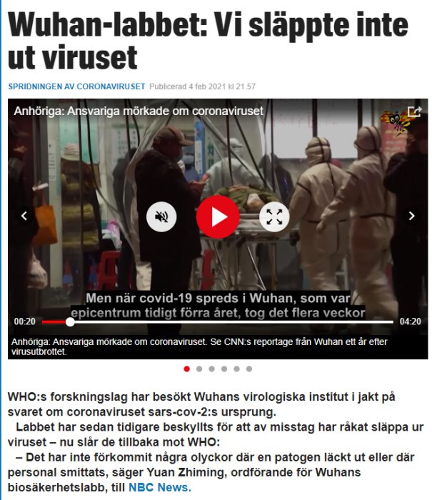 Skärmbild av nyhetsartikel om Wuhan-labbet med människor i skyddsutrustning.
