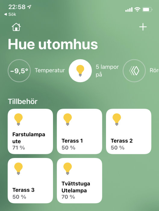 Skärmbild av smart belysningsapp som visar exterior Hue-lampor och temperatur på -9,5 grader.