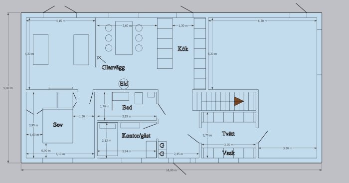 Ritning av enplanshusets första våning med öppet vardagsrum, kök, sovrum och kontor/gästrum.