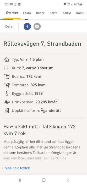 Skärmdump från fastighetsannons med information om villa på Röllekavägen 7, driftskostnad och bostadsfakta.
