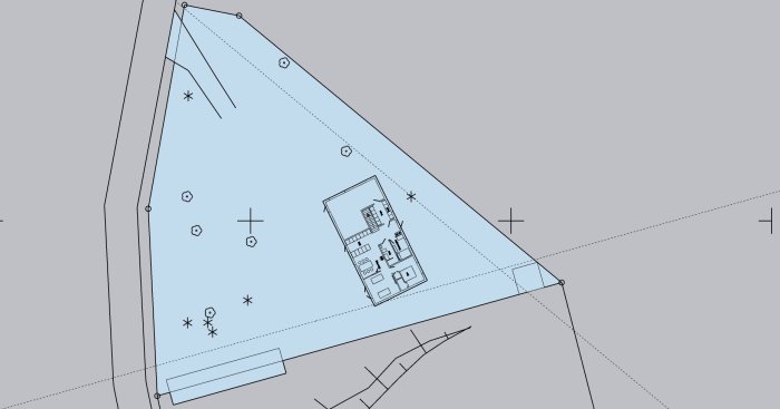 Arkitektritning av första våningen i ett hus med markerade dimensioner och möbleringsplan.