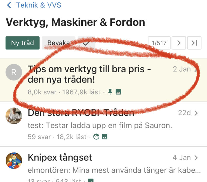 Skärmdump av en forumtråd markerad för att symbolisera ändring till byggahus-grönt hjärta.