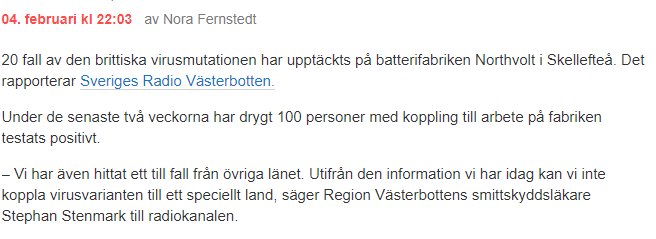 Textinlägg rapporterar om smittspridning av en virusmutation i Norrland.