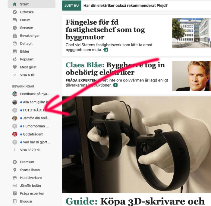 Skärmdump av ett diskussionsforums nya bevakningsfunktion med blå pluppar för oläst innehåll.