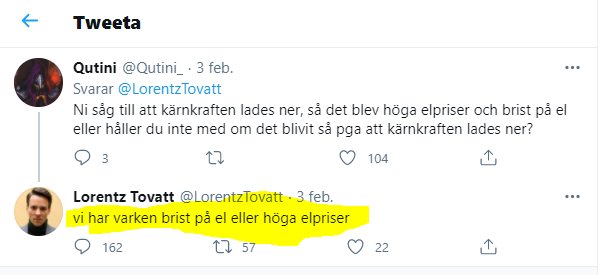 Skärmdump av en Twitter-konversation där en användare förnekar brist på el eller höga elpriser.