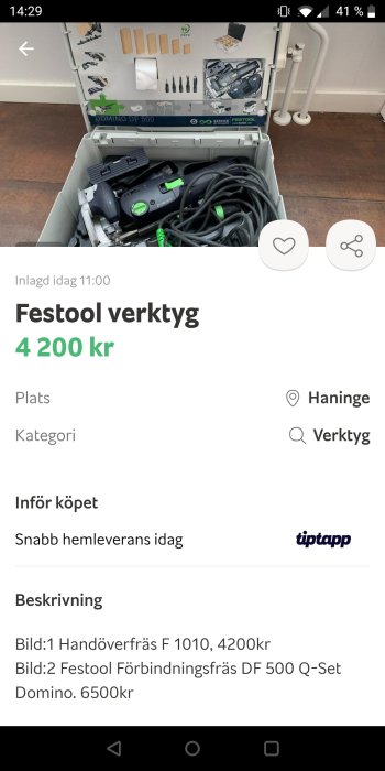 Festool Domino DF 500 Q-Set i en öppen systainer med tillbehör, pris 6500 kr, till försäljning i Haninge.