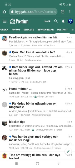 Skärmdump av ett diskussionsforum med rubriker och inläggstitlar om byggprojekt och renovering.