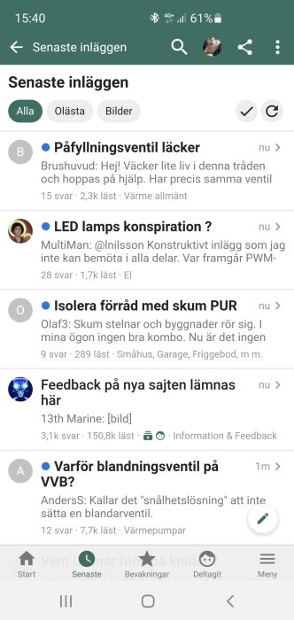 Skärmdump av ett diskussionsforum på Android med inlägg om byggprojekt och renoveringar.