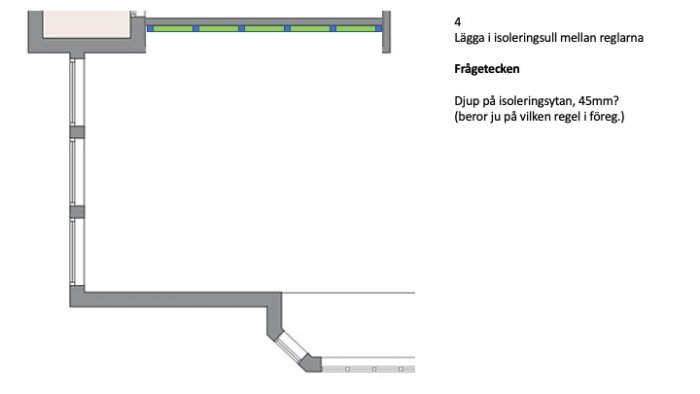 Ritning av ett byggprojekt som visar planerad väggkonstruktion med isolering, reglar och noterade frågeställningar.