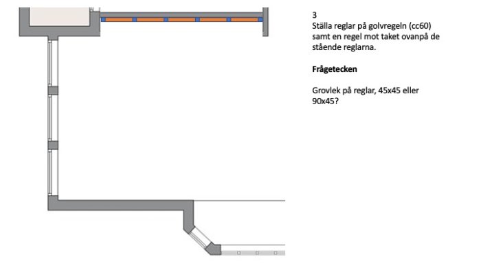 Skiss av ett byggprojekt med väggsektioner, reglar på golvet och tak, och text om regelstorlek och montering.