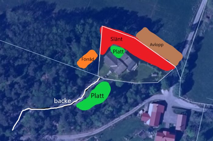 Satellitbild över en fastighet med markerade områden för förråd, slänt, avlopp, och platt mark som övervägs för byggprojekt.