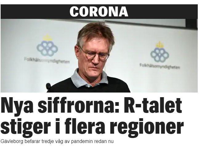 Bekymrad man står framför presentation med rubrik "CORONA" och text "R-talet stiger i flera regioner".