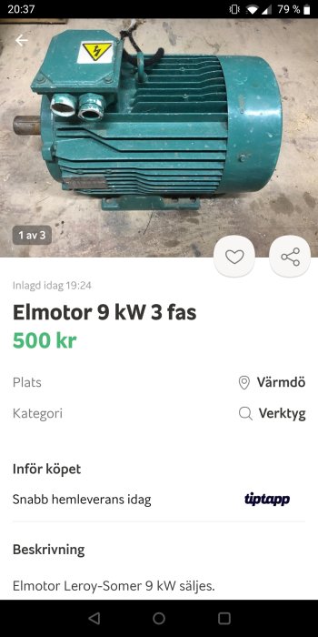 Grön elektromotor 9 kW med tre faser och varningsetikett, begagnad skick.