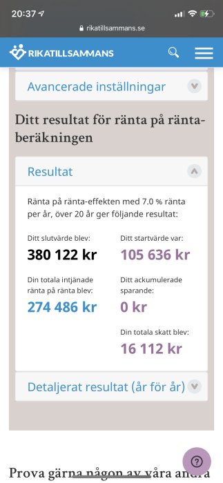 Skärmdump av ränta-på-ränta-kalkylator med slutvärde och skatteberäkning för ISK.