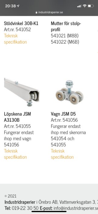 Löpskena och vagn med hjul för industriell användning, visas med artikelnummer och specifikationer.