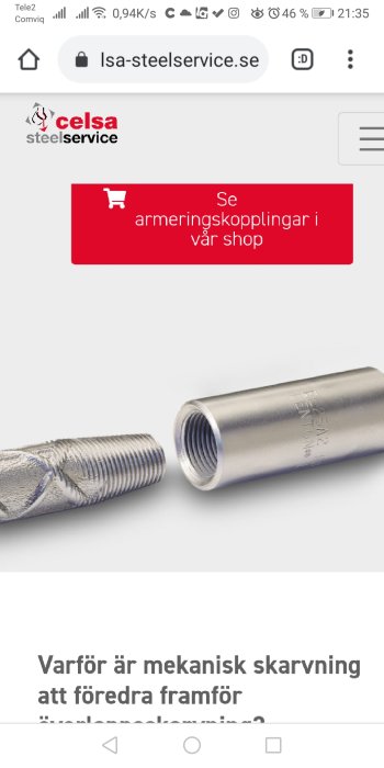 Armeringskoppling med gängade ändar för mekanisk skarvning av armeringsjärn.