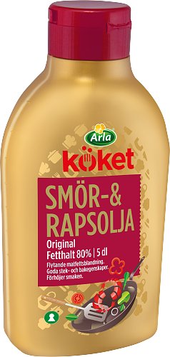 Flaska med Arla Köket Smör- & Rapsolja Original, rekommenderad för stekning för att undvika att mat bränner fast.