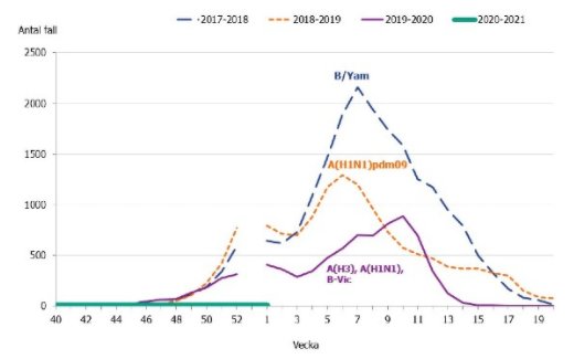 Färgkodad linjediagram som visar antal influensafall över veckor för olika år, med noteringar om olika influensastammar.