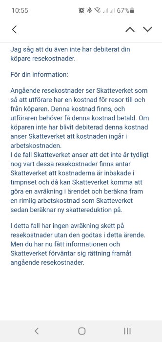 Skärmdump av ett e-postmeddelande från Skatteverket om obetalade resekostnader vid ROT-jobb.